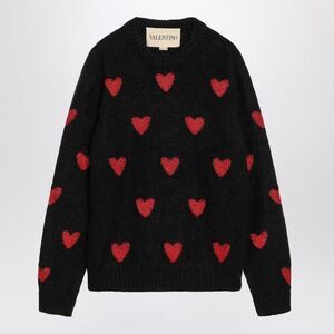 VALENTINO Men's Heart Pattern Knit Crew Neck Sweater Men BLACK Sweaters &
